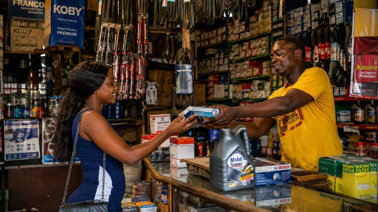 An AKISS Auto Parts attendant helping a customer at the parts counter