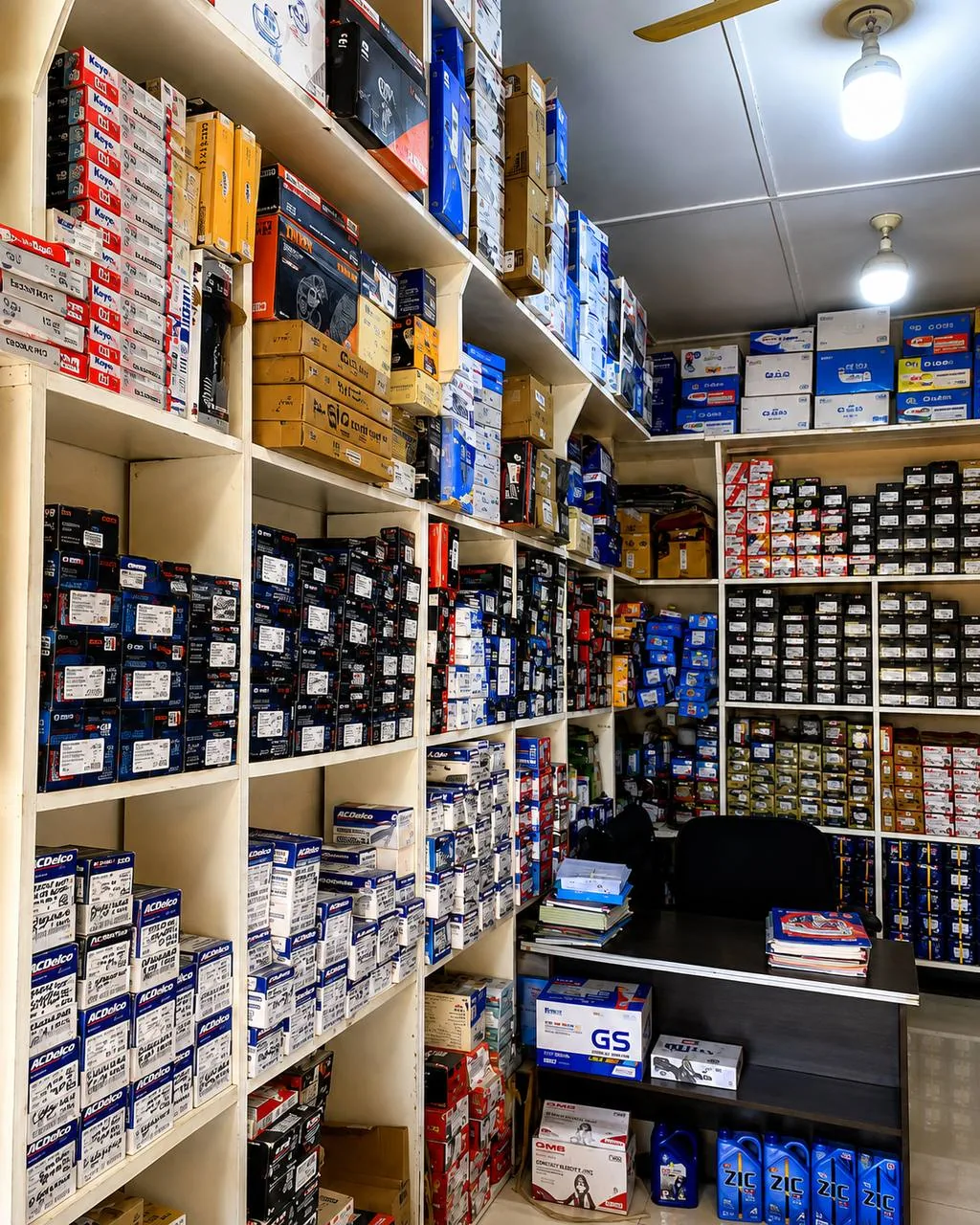 Shelves of automotive parts inside the AKISS shop in Abossey Okai