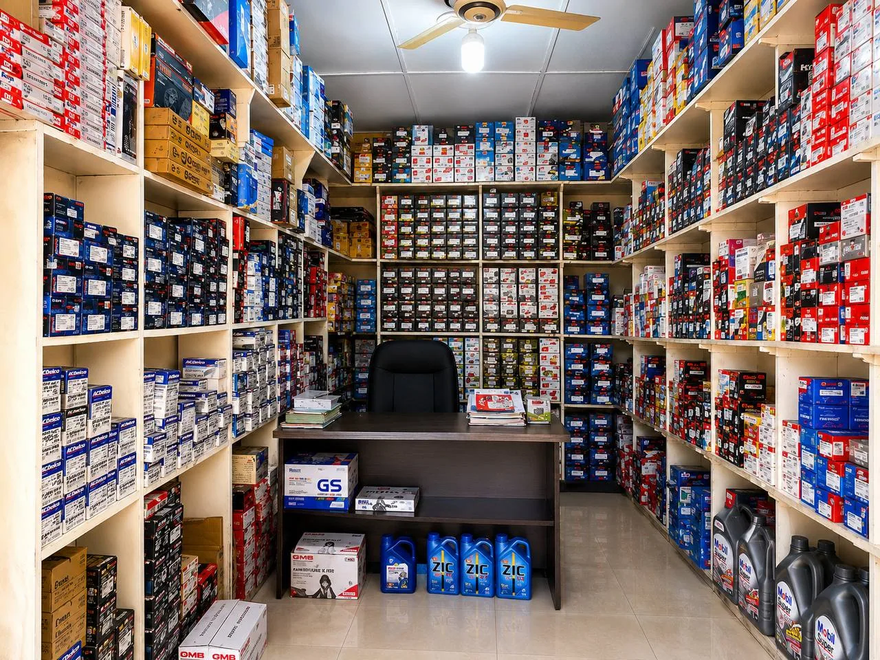 Inside AKISS Auto Parts shop in Abossey Okai, Accra, with shelves of automotive parts.
