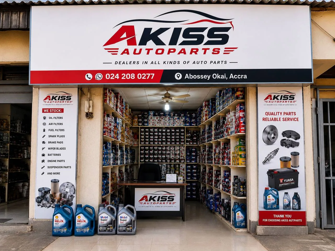 AKISS Auto Parts storefront on Ayikai Street in Abossey Okai